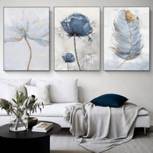 Blue Flower and Feather Scandinavian Wall Art Set