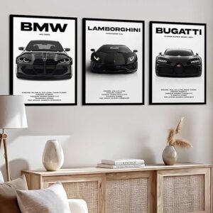 Big BMW M3, Lamborghini Aventador, Bugatti Chiron Cars Framed Posters
