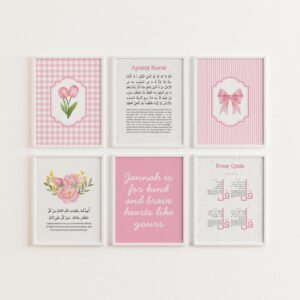 Pink Bow and Tulip Islamic Nursery Gallery Wall Art Set (6 Pieces)